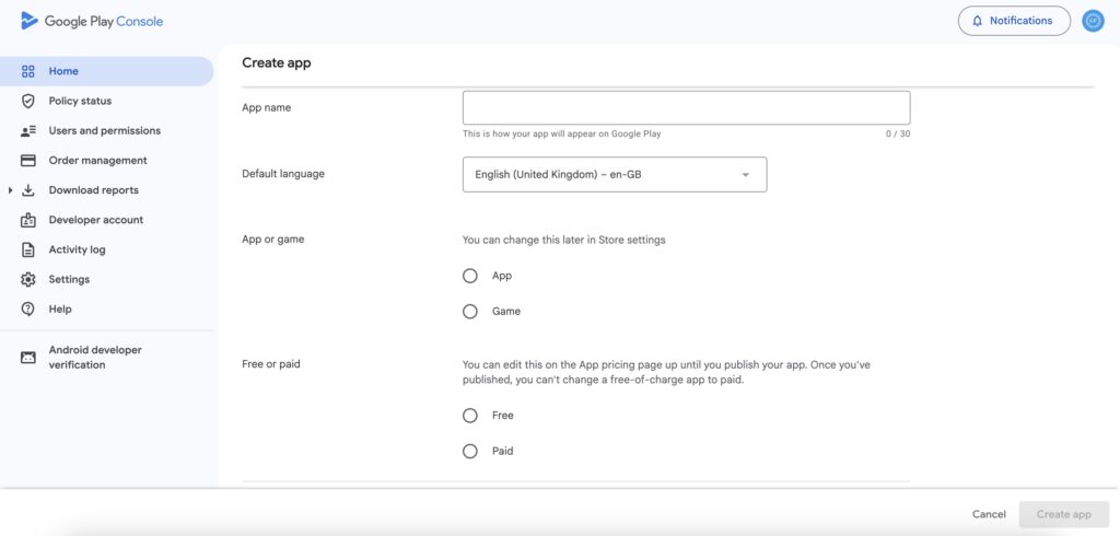 Create a New App in Play Console